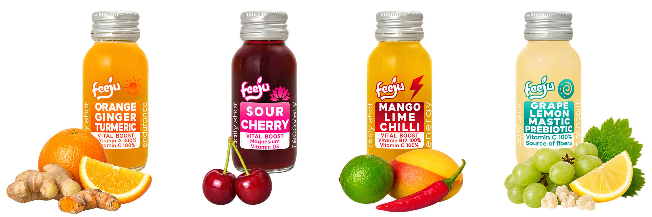 Feeju Orange Ginger Shot med tilhørende frukt