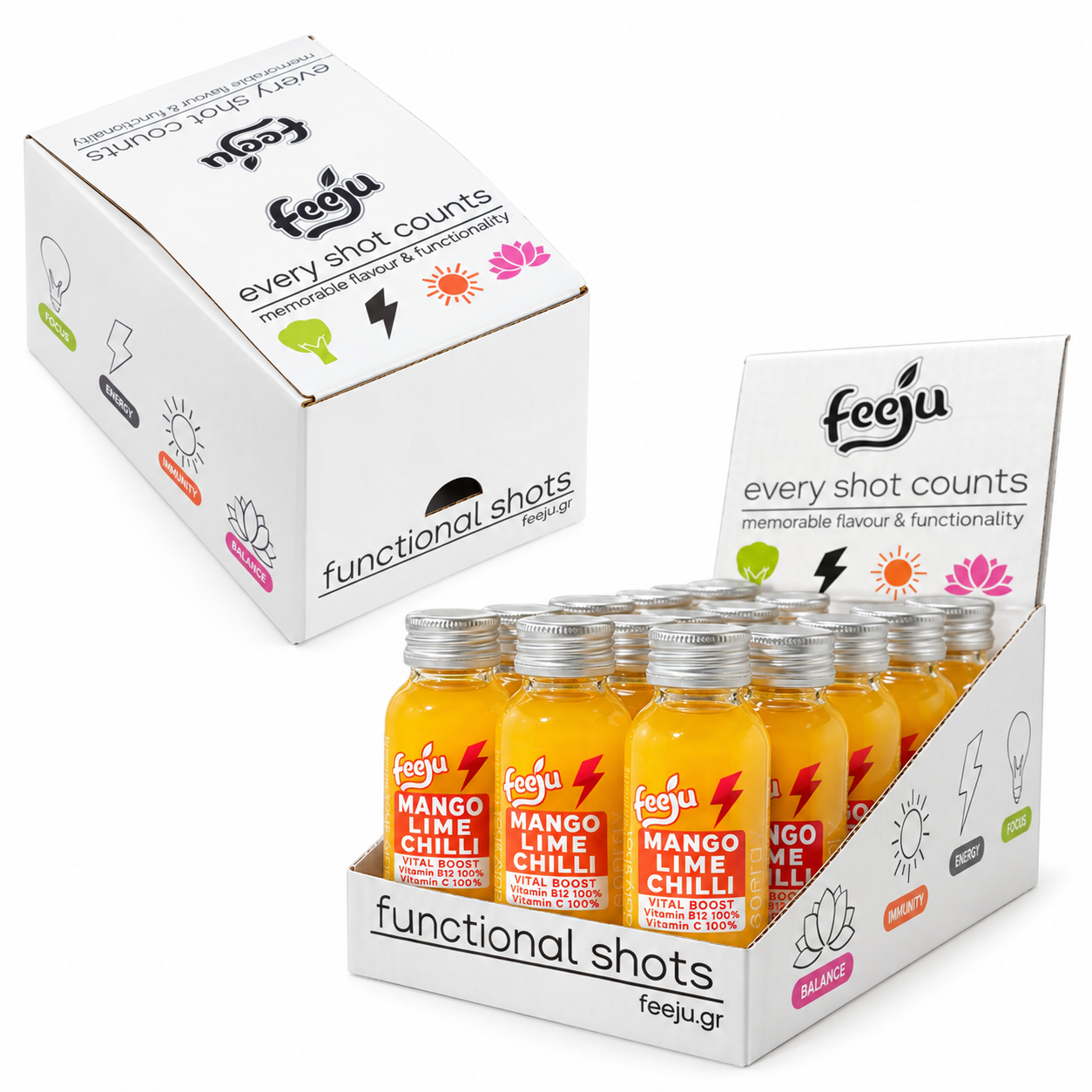 Mango Lime Shot 15-pakning i display, illustrasjon
