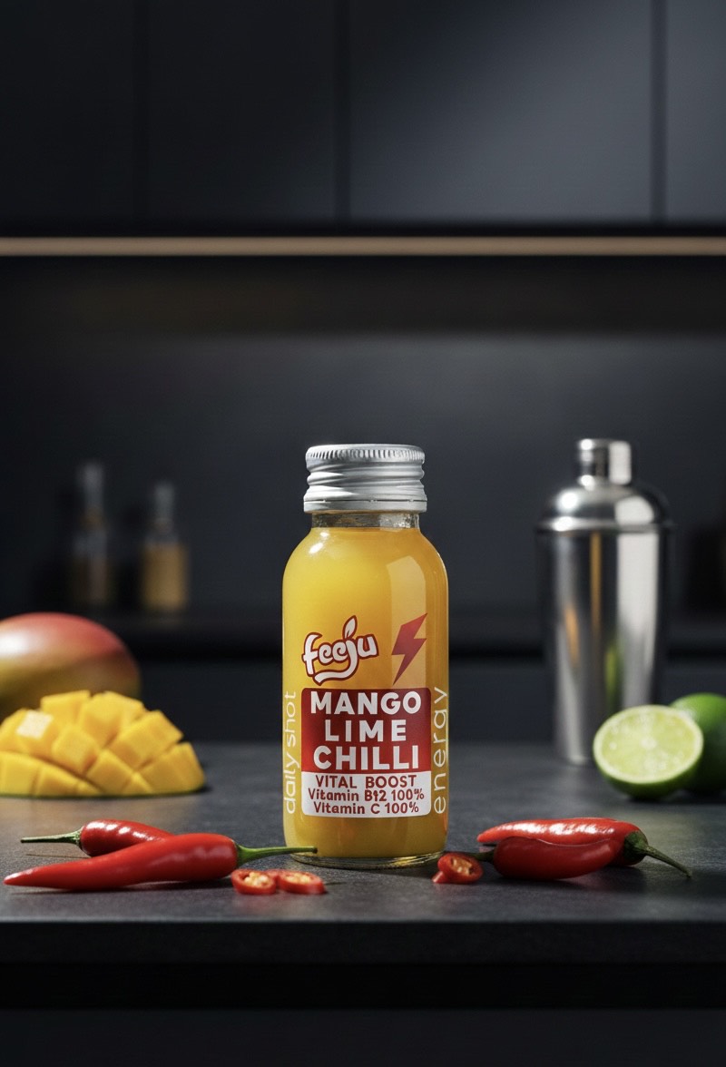 Mango Lime Shot med tilhørende frukt i en hverdagssituasjon