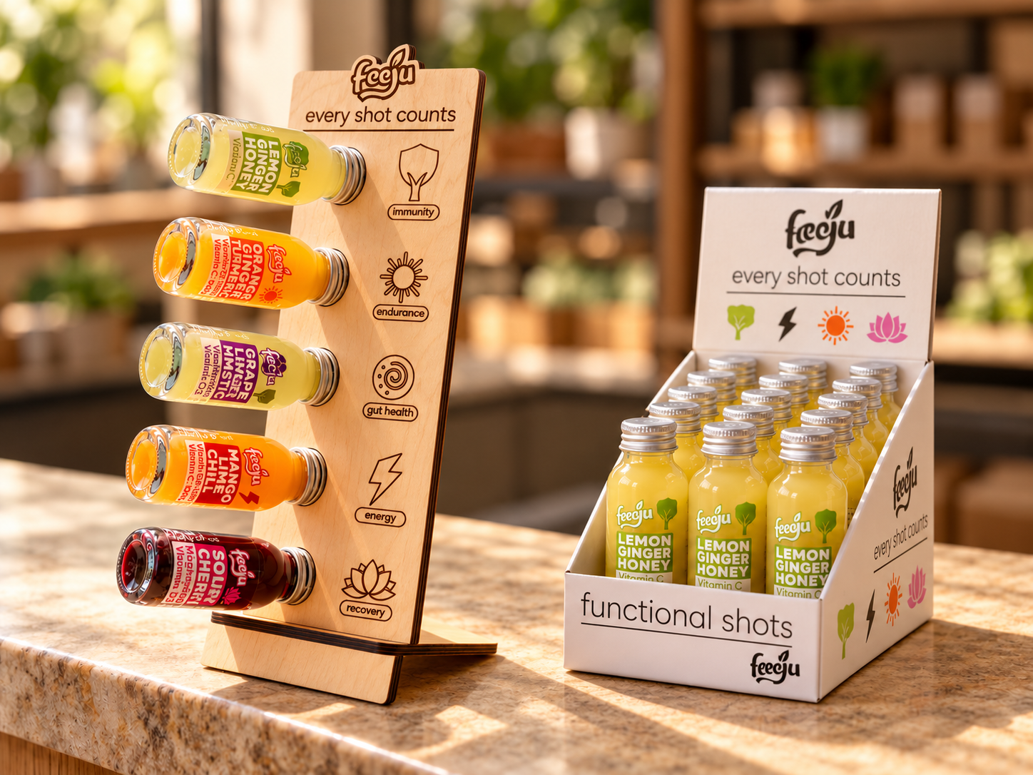 Feeju five-shot wooden display and carton with three bottles across
