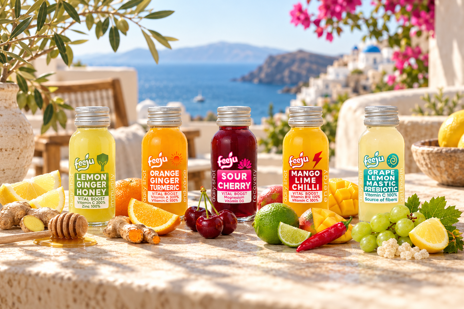 KI-generert gresk terrasse med fem Feeju Functional Shots og frukt i forgrunnen