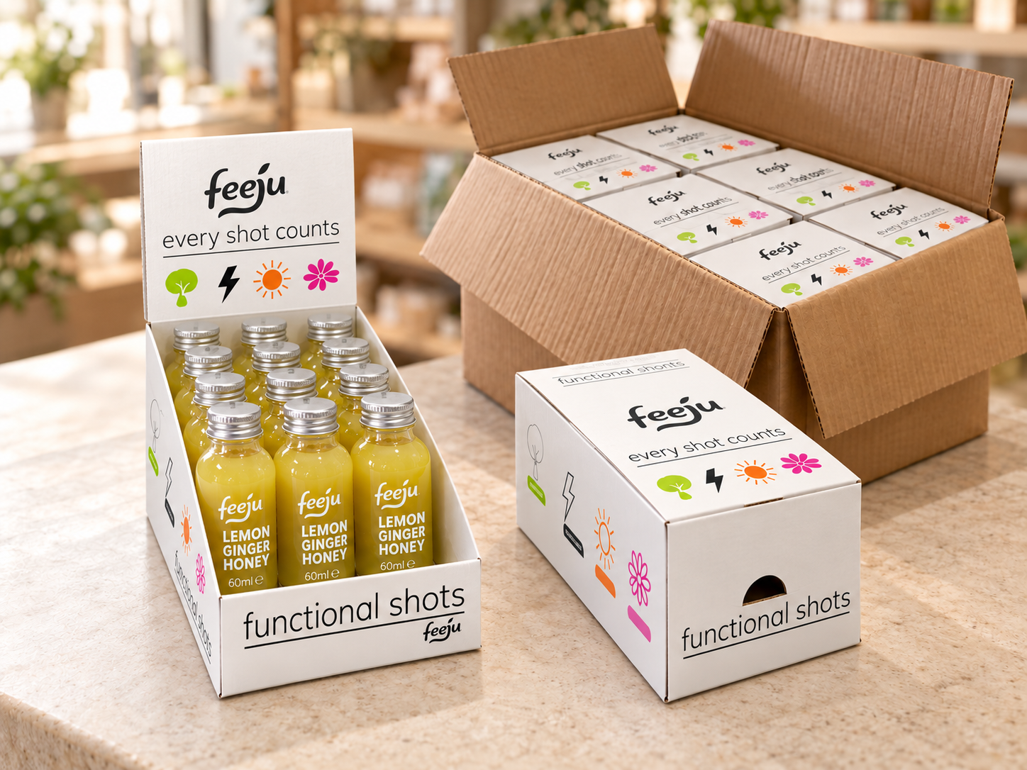 Feeju display with three bottles across and retail cartons