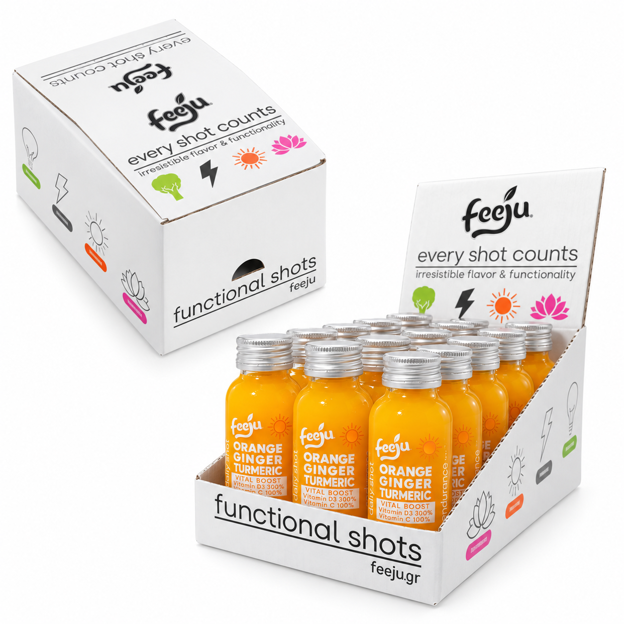 Orange Ginger Shot 15-pakning i display, illustrasjon
